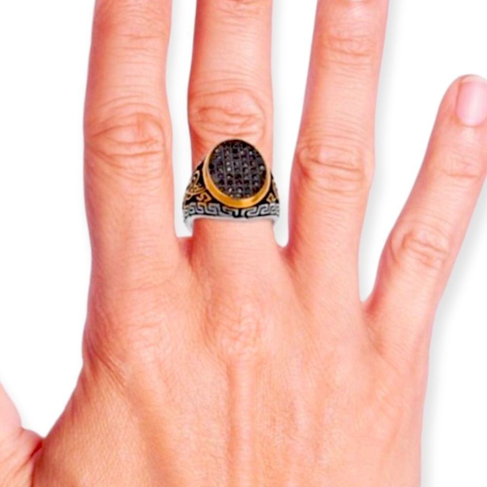 14K Gold Black Austrian Crystals Stainless Steel Signal Ring Size 9